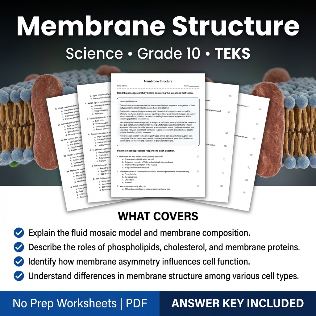 Membrane Structure Worksheet for Science Grade 10 | TEKS Standard Practice