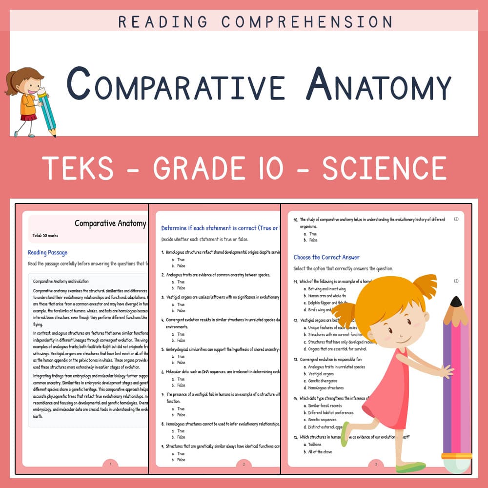 Grade 10 Science worksheet elena worksheet — Grade 10 Science | Comparative Anatomy Worksheet | TEKS Aligned — page 1