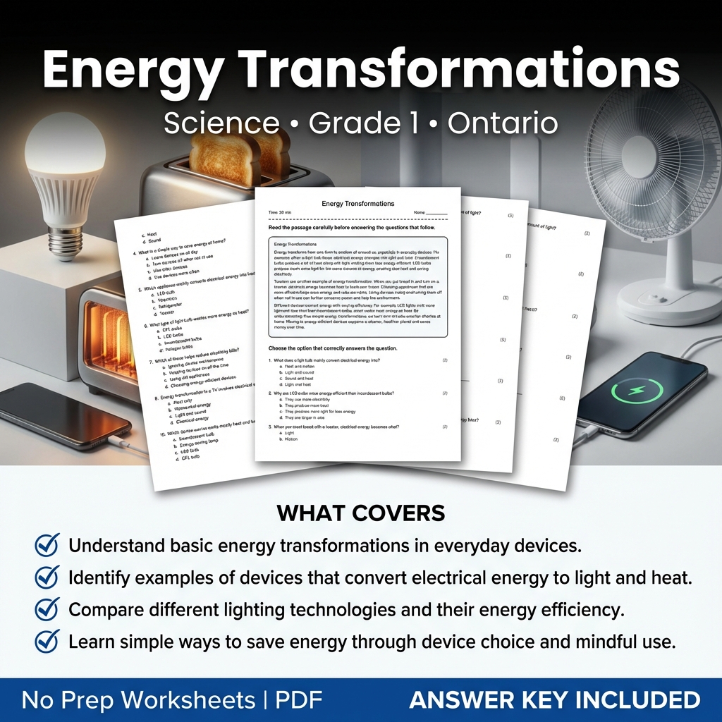 Grade 1 Science Worksheet on Energy Transformations | Ontario Standards