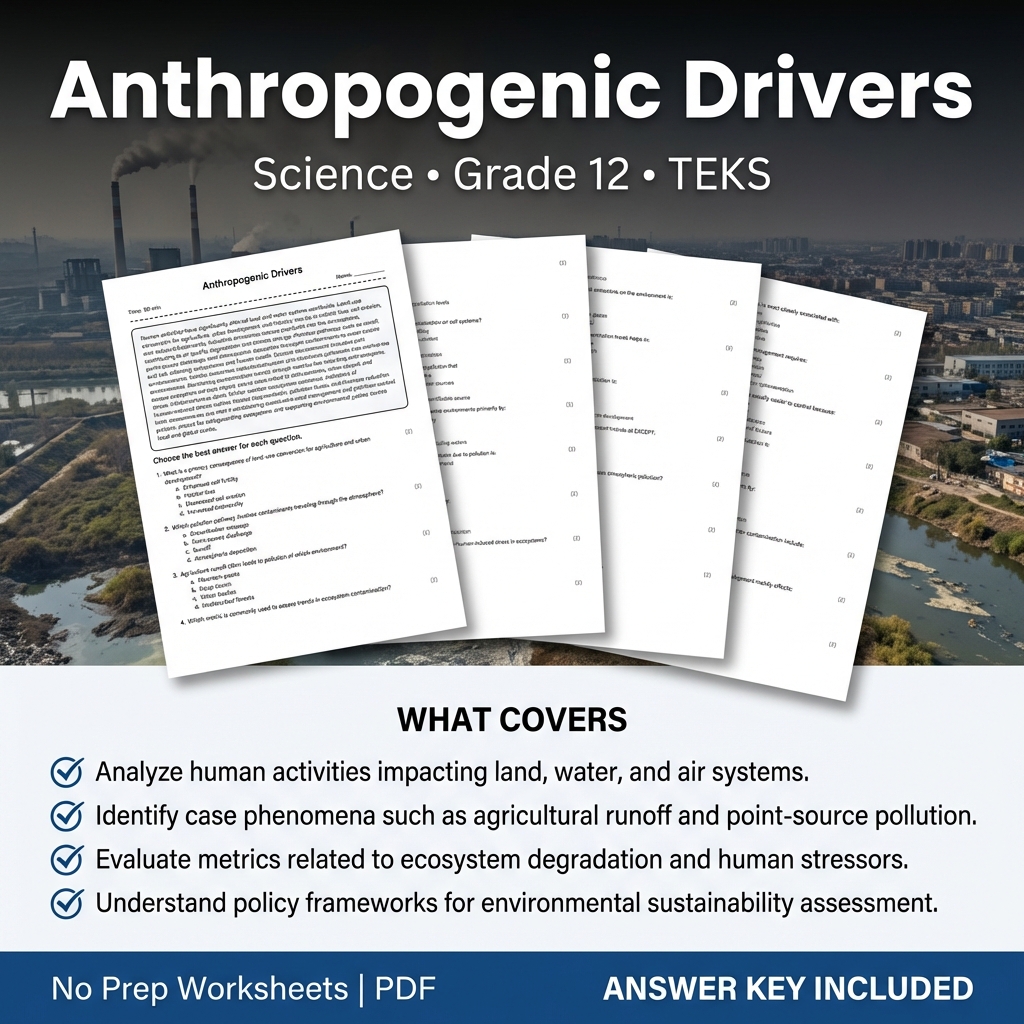 Anthropogenic Drivers Grade 12 Science Worksheet | TEKS Aligned Practice