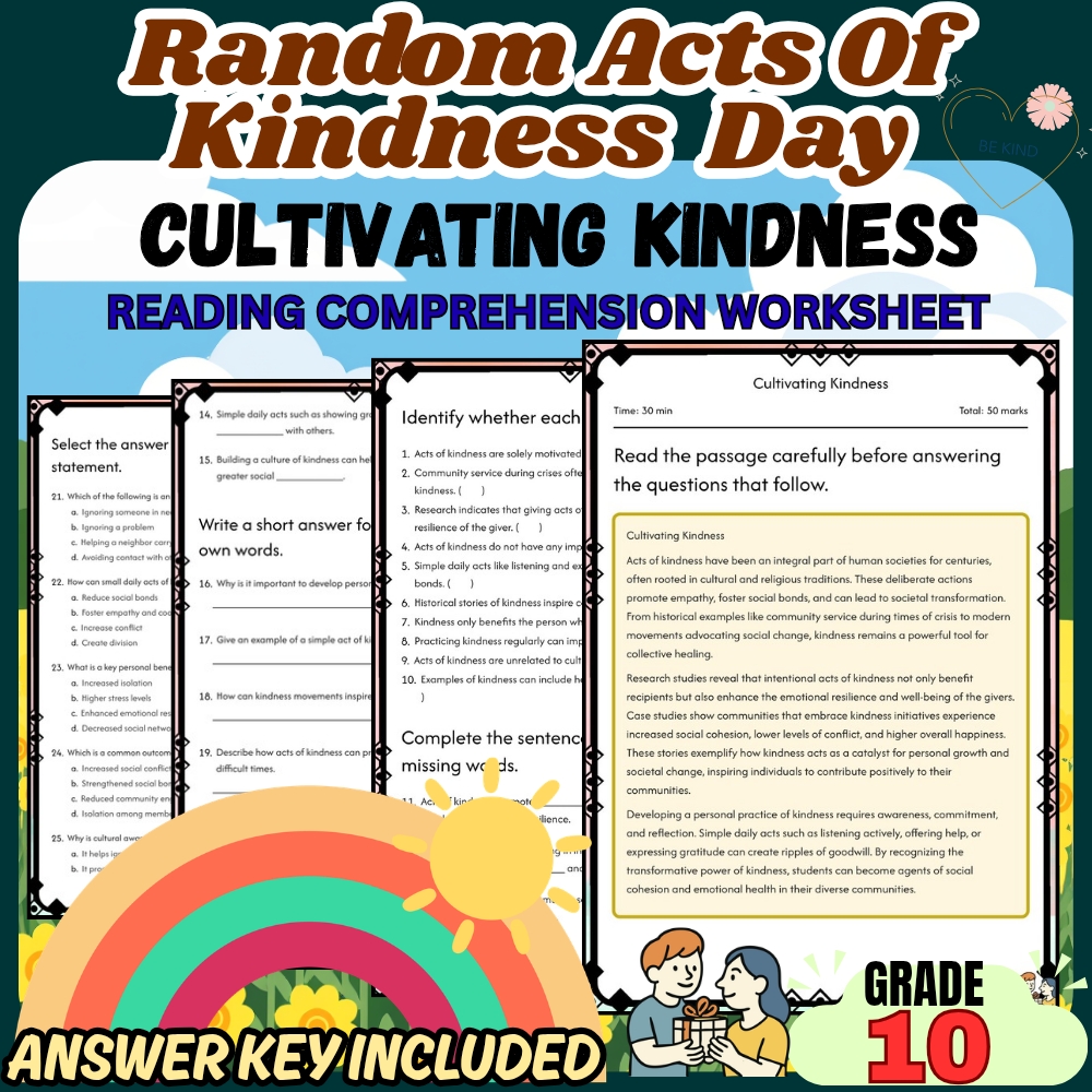 Grade 10 Holiday  Random acts of kindness for Community Building|PDF+Answer Key