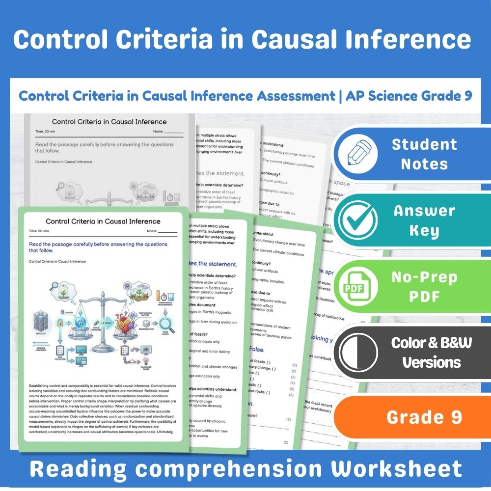 Grade 9 Science assessment worksheet — Control Criteria in Causal Inference Assessment | AP Science Grade 9 — page 1