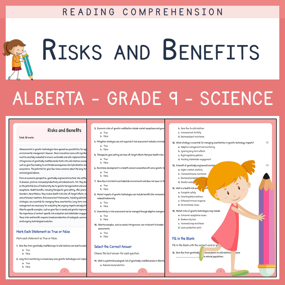 Grade 9 Science worksheet elena worksheet — Grade 9 Science | Risks and Benefits Worksheet | Alberta Standards — page 1