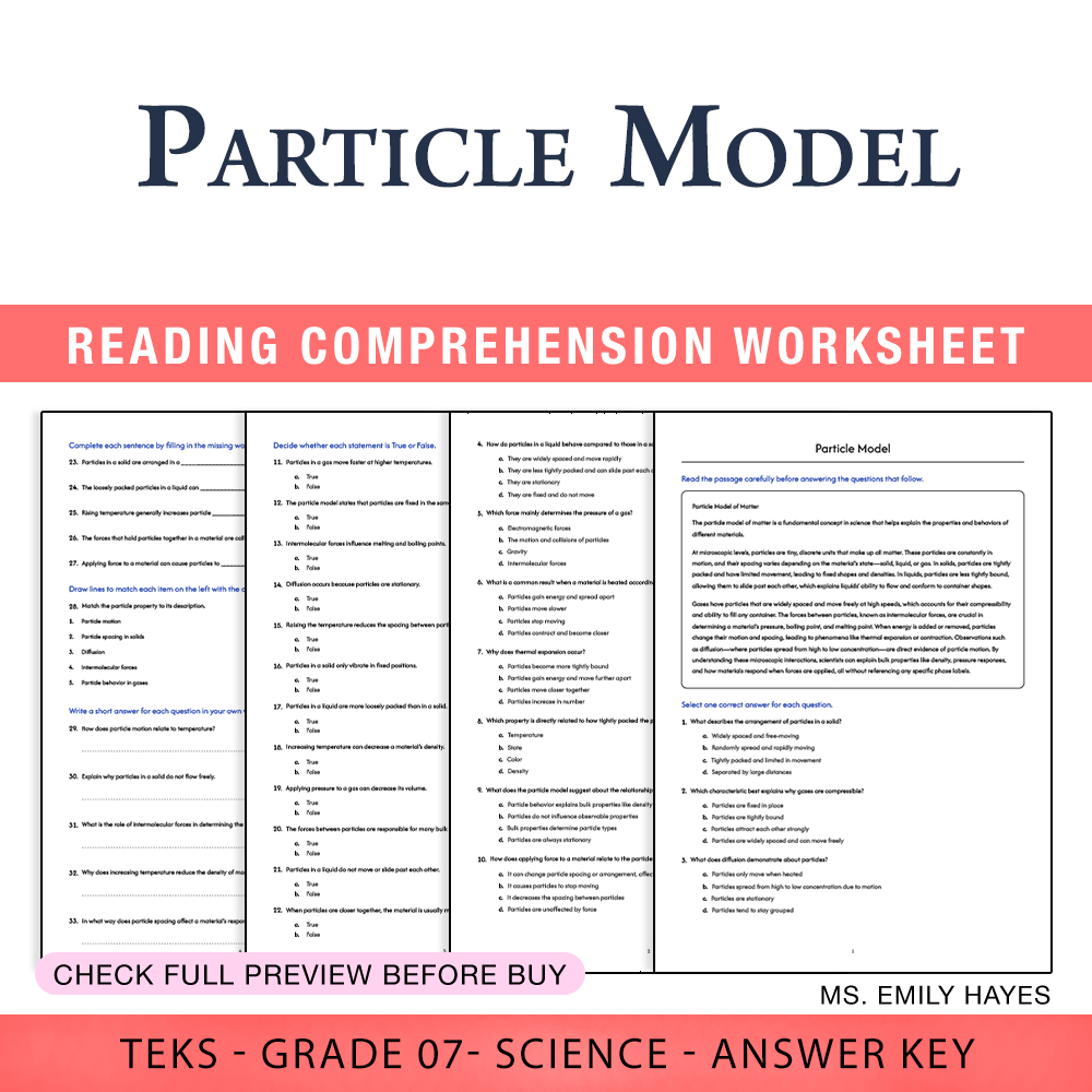 Grade 7 Science worksheet worksheet — 7th Grade Science | Particle Model Worksheet (PDF+ Answer Key) — page 1