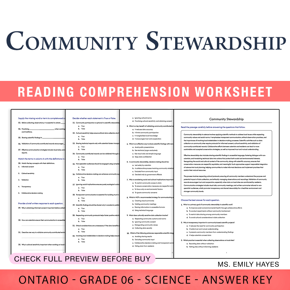 Grade 6 Science worksheet worksheet — 6th Grade Science | Community Stewardship Worksheet (PDF+ Answer Key) — page 1