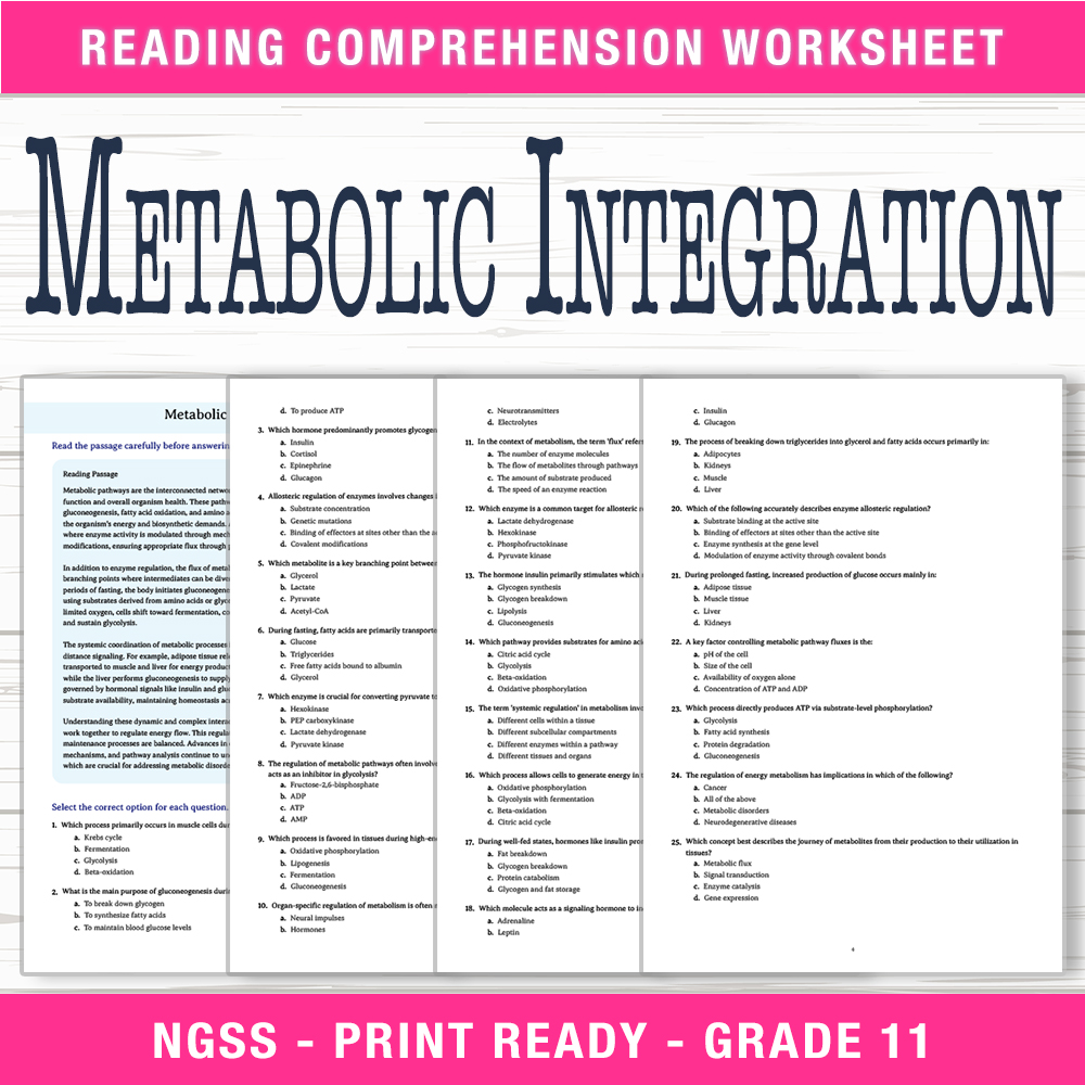 Grade 11 Science worksheet worksheet — Grade 11 Science – Metabolic Integration Worksheet (PDF + Answer Key) — page 1