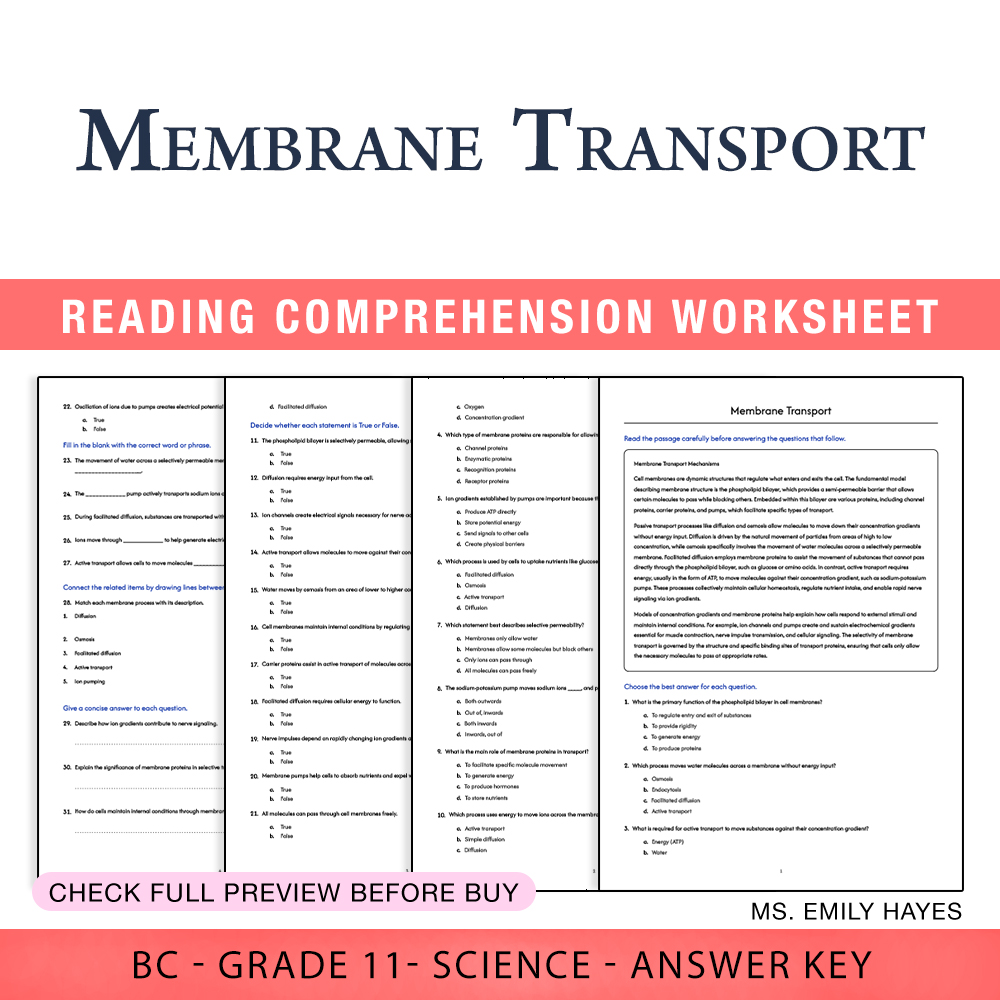 Grade 11 Science worksheet worksheet — 11th Grade Science | Membrane Transport Worksheet (PDF + Answer Key) — page 1