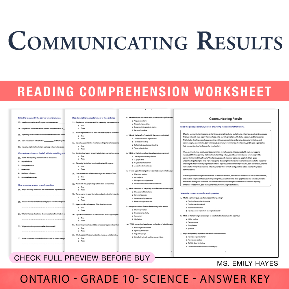Grade 10 Science worksheet worksheet — 10th Grade Science | Communicating Results Worksheet (PDF + Answer Key) — page 1