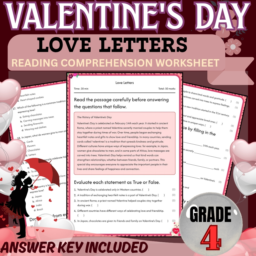 Grade 4 Holiday Unit Bundle | Valentine's Day & Friendship Worksheets — included worksheet 3
