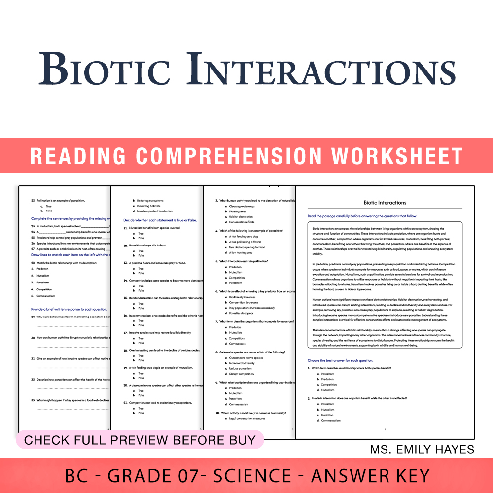 Grade 7 Science worksheet worksheet — 7th Grade Science | Biotic Interactions Worksheet (PDF+ Answer Key) — page 1
