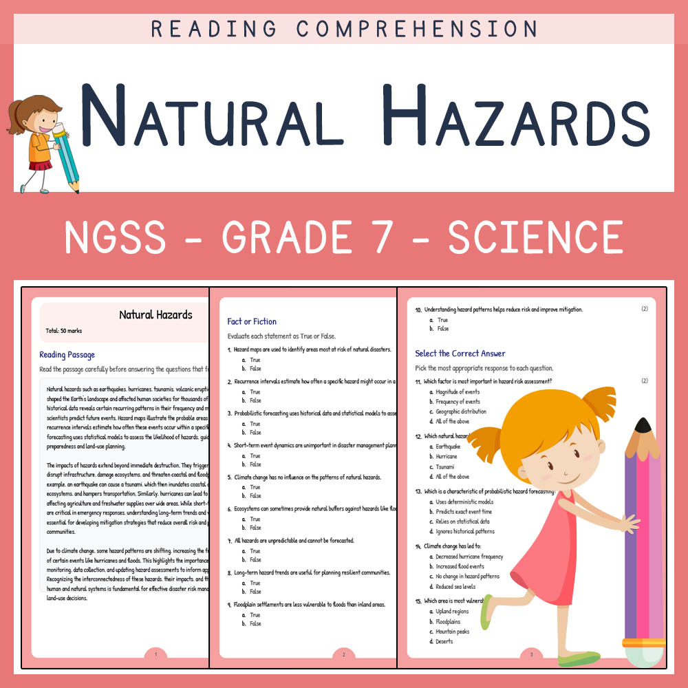 Grade 7 Science worksheet worksheet — Grade 7 Science | Natural Hazards Worksheet & Answer Key (NGSS Aligned) — page 1