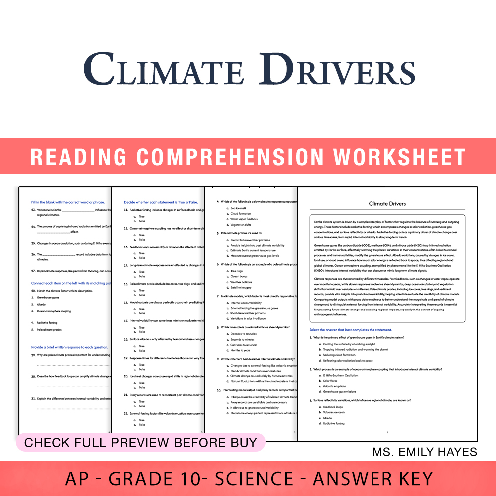 Grade 10 Science worksheet worksheet — 10th Grade Science | Climate Drivers Worksheet (PDF+ Answer Key) — page 1