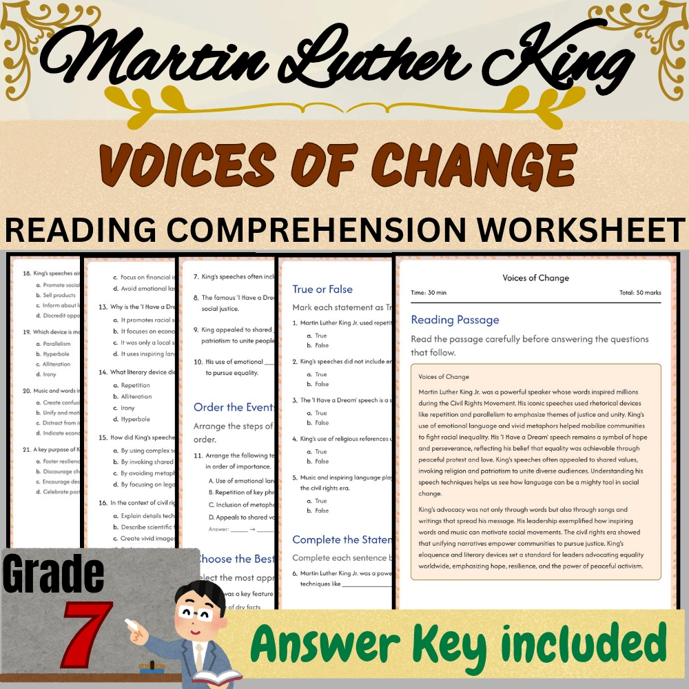 Grade 7 Seasonal| Martin Luther King Voices of Change Worksheet|PDF + Answer Key
