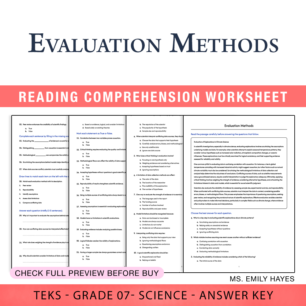 Grade 7 Science worksheet worksheet — 7th Grade Science | Evaluation Methods Worksheet (PDF+ Answer Key) — page 1