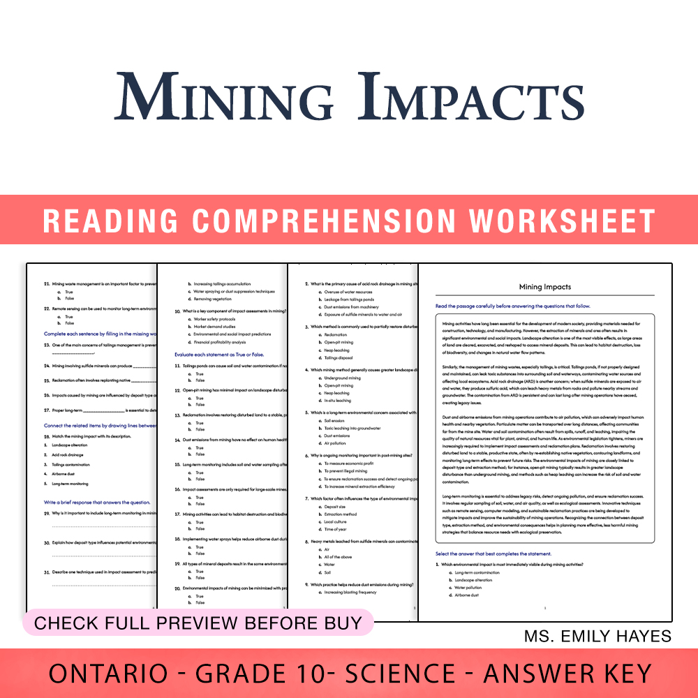 Grade 10 Science worksheet worksheet — 10th Grade Science | Mining Impacts Worksheet (PDF + Answer Key) — page 1