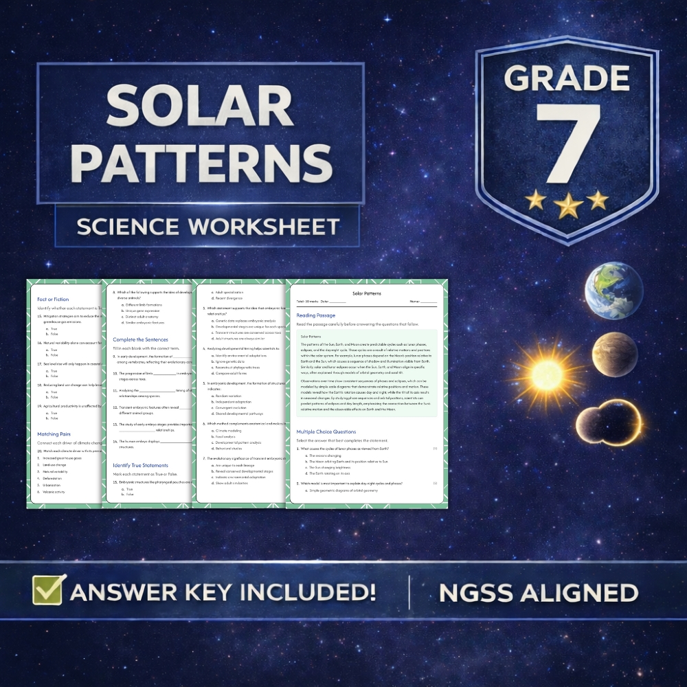 Grade 7 Science g7 ngss worksheet — Grade 7 Science | Solar Patterns Worksheet with Answer Key (NGSS Aligned)