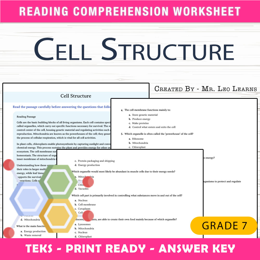 Grade 7 Science worksheet worksheet — Grade 7 Science — Cell Structure Worksheet for Mastering Cells — page 1