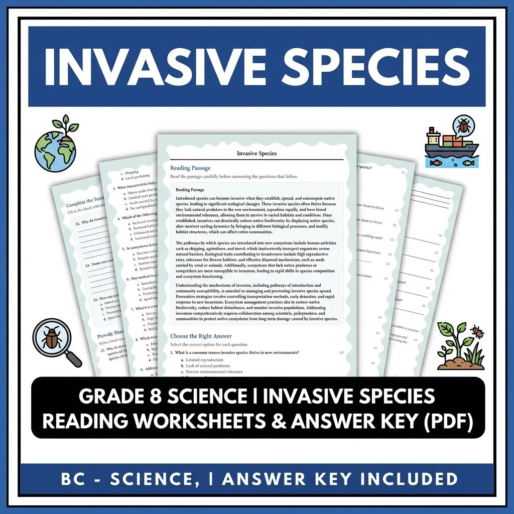 Grade 8 Science | Invasive Species Reading Worksheets & Answer Key (PDF)