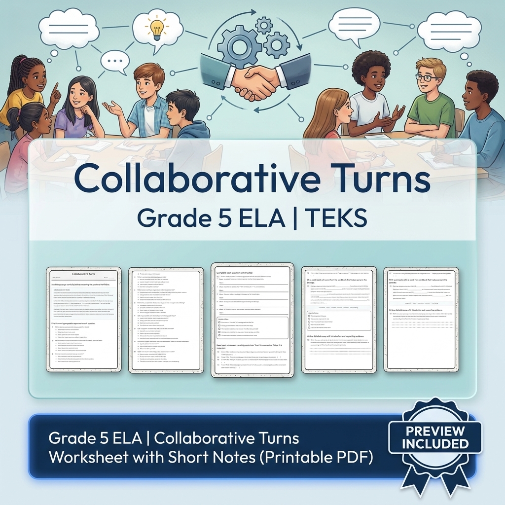 Grade 5 Collaborative Turns and Audience-Responsive Speech ELA Lessons TEKS — included worksheet 1