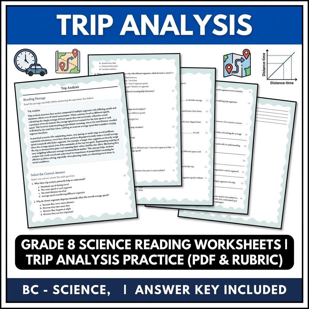 Grade 8 Science Reading Worksheets | Trip Analysis Practice (PDF & Rubric)