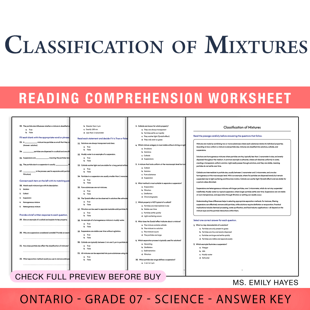 Grade 7 Science worksheet worksheet — Grade 7 Science | Classification of Mixtures Worksheet (PDF+ Answer Key) — page 1