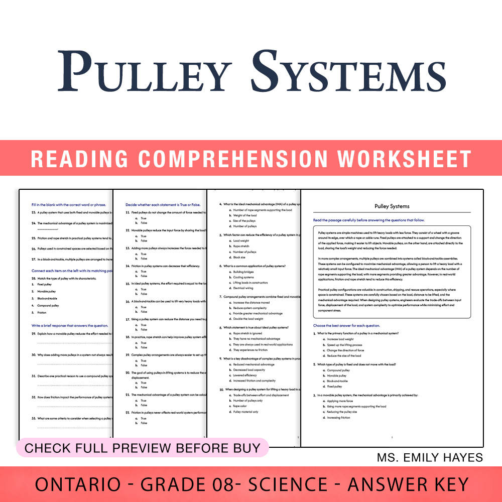 Grade 8 Science worksheet worksheet — Grade 8 Science | Pulley Systems Worksheet (PDF+ Answer Key) — page 1