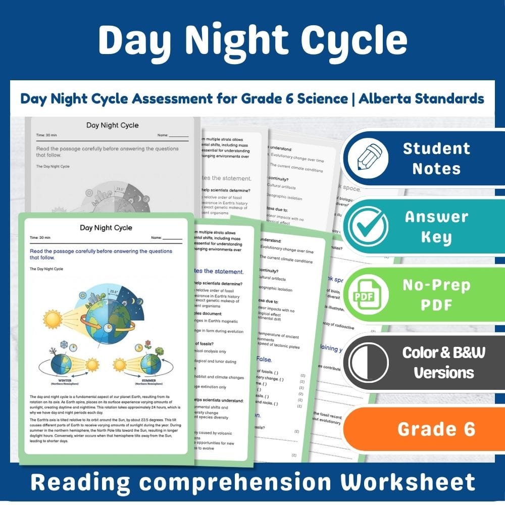 Grade 6 Science assessment worksheet — Day Night Cycle Assessment for Grade 6 Science | Alberta Standards — page 1
