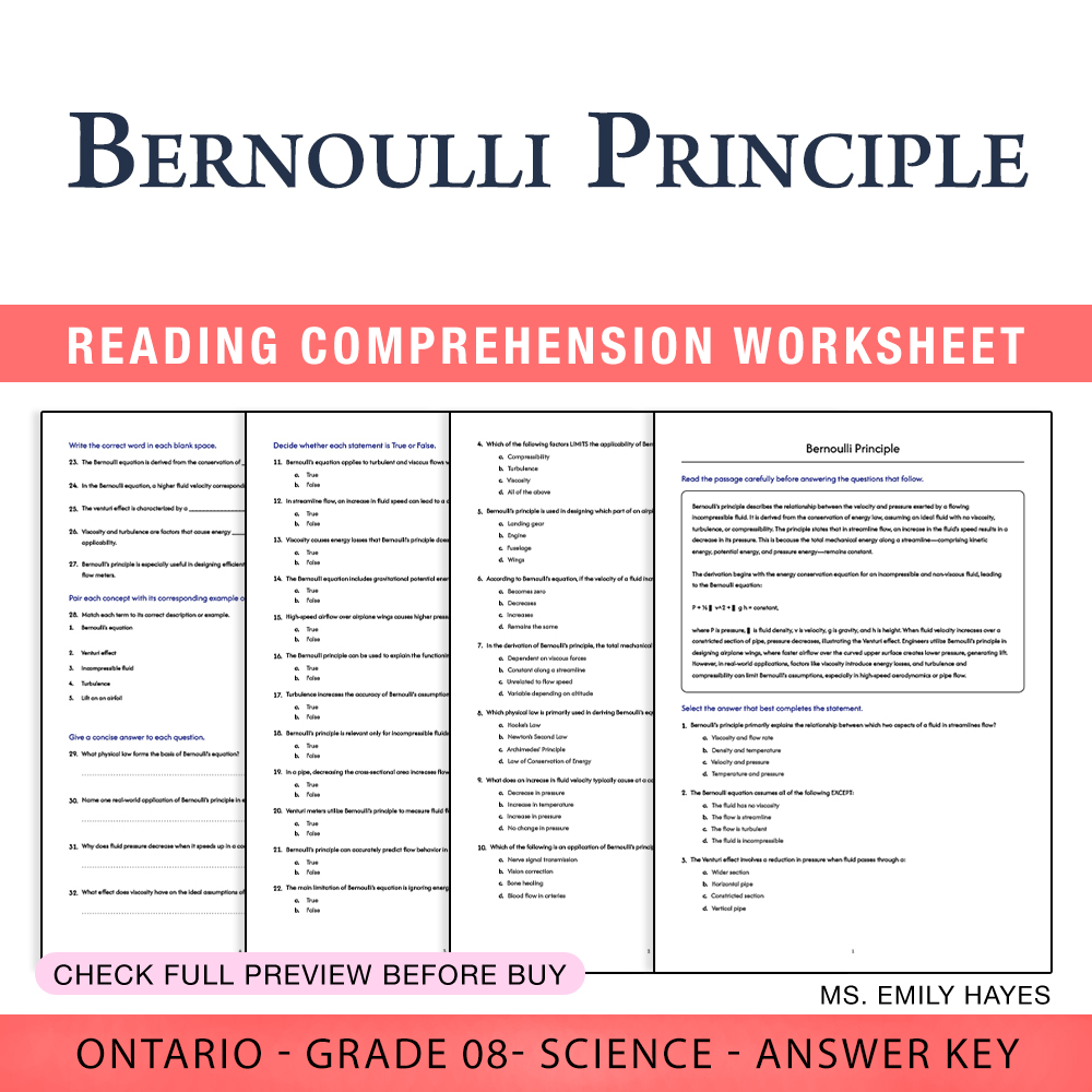 Grade 8 Science worksheet worksheet — 8th Grade Science | Bernoulli Principle Worksheet (PDF+ Answer Key) — page 1