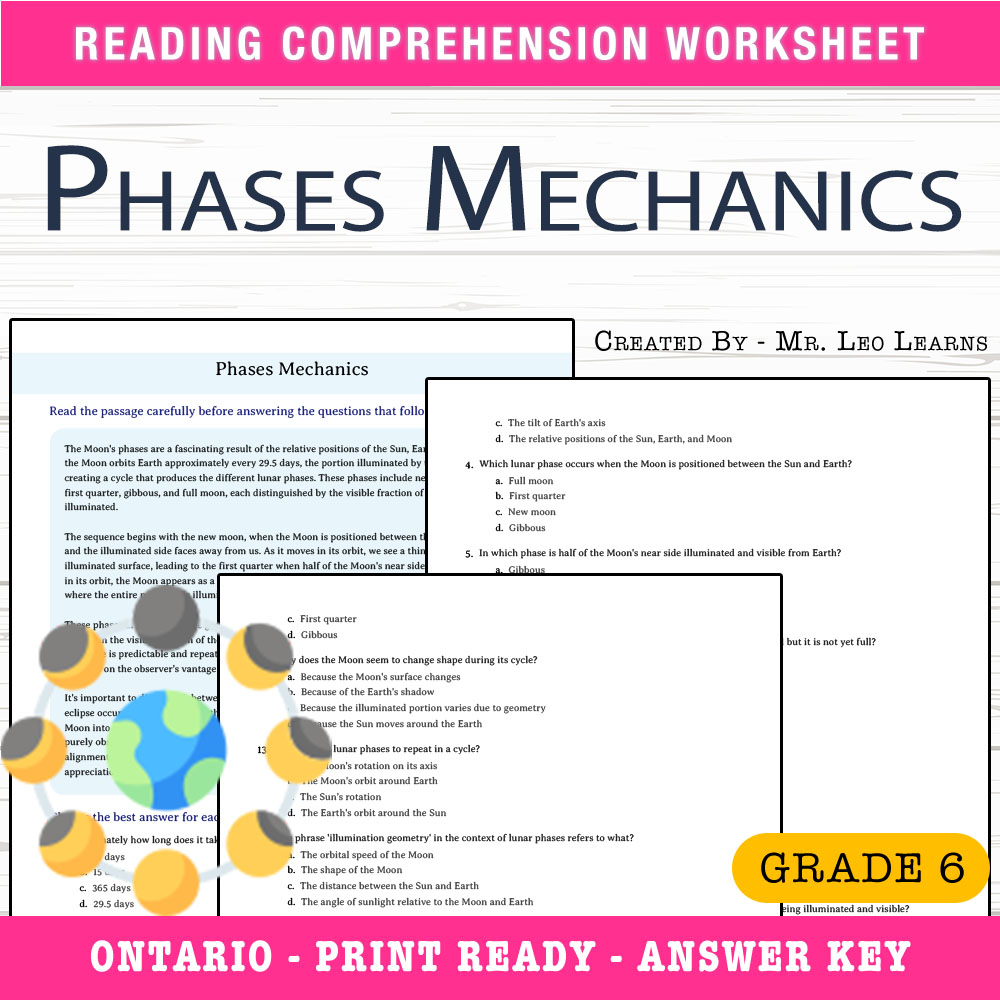 Grade 6 Science worksheet worksheet — Grade 6 Science — Phases Mechanics Worksheet for Mastering Lunar Phases — page 1