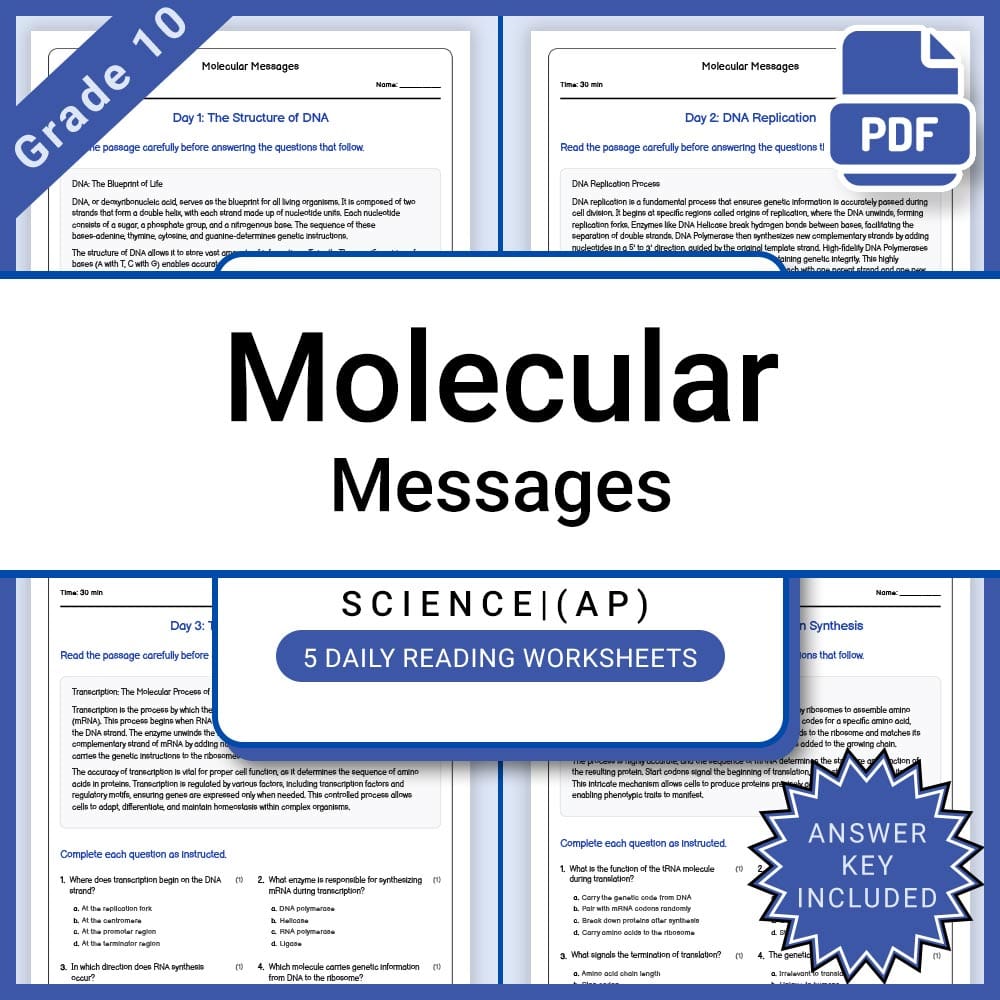 Grade 10 Science daily reading worksheet worksheet — Grade 10 Science – Molecular Messages Daily Reading Worksheet + Answe…