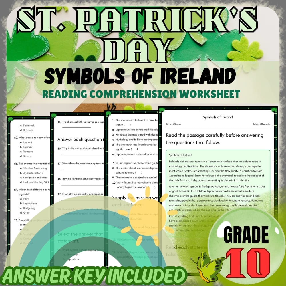 Grade 10 Holiday Worksheets Bundle | St. Patrick's Day Irish Heritage & Symbols — included worksheet 2