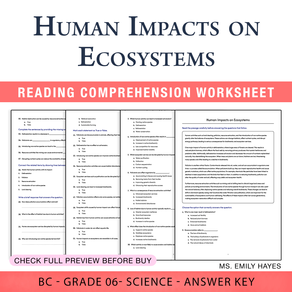Grade 6 Science worksheet worksheet — 6th Grade Science | Human Impacts on Ecosystems Worksheet (PDF + Answer Key) — page 1
