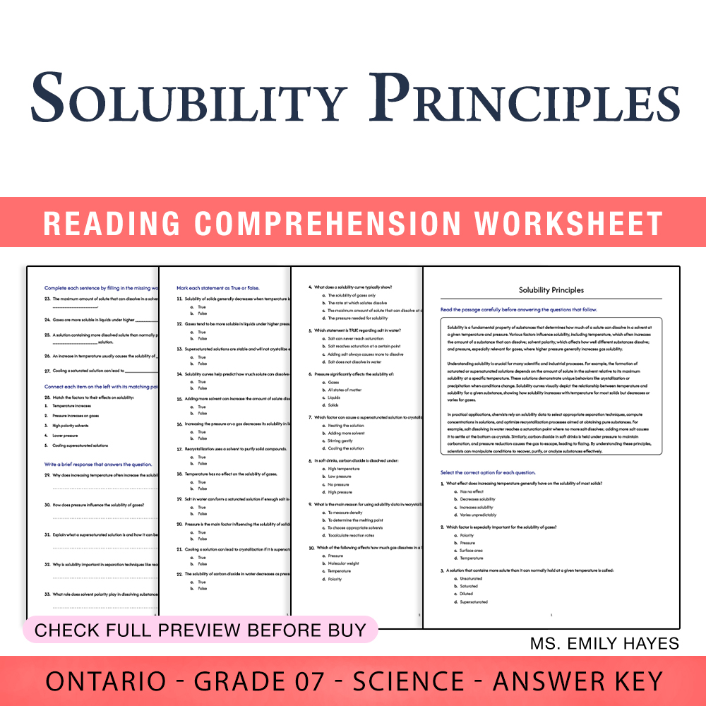 Grade 7 Science worksheet worksheet — 7th Grade Science | Solubility Principles Worksheet (PDF+ Answer Key) — page 1