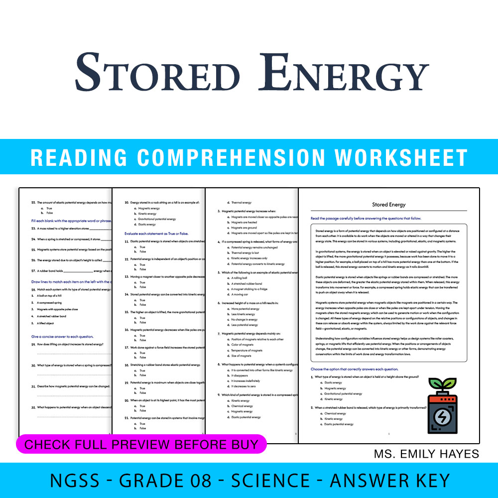 Grade 8 Science worksheet worksheet — 8th Grade Science | Stored Energy Worksheet (PDF+ Answer Key) — page 1