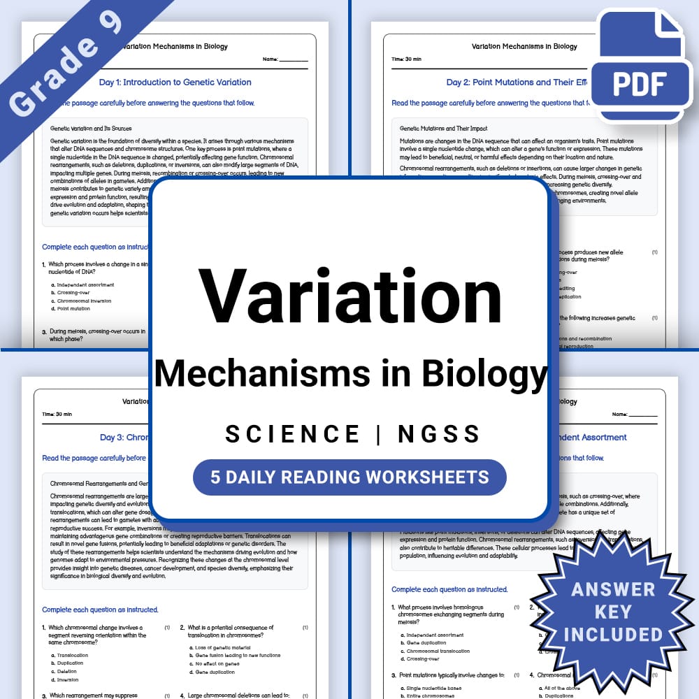 Grade 9 Science daily reading worksheet worksheet — Grade 9 Science – Variation Mechanisms Worksheet(PDF + Answer Key) — p…