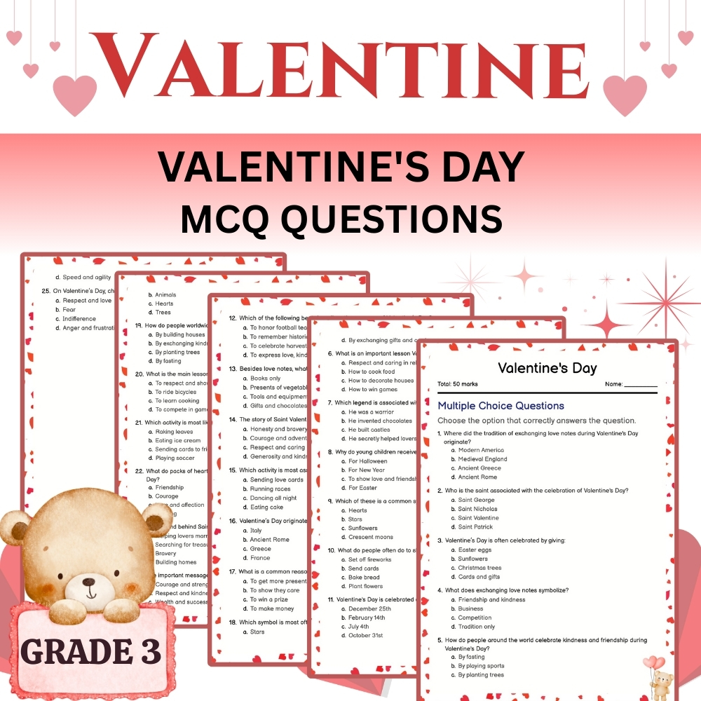 Grade 3 Seasonal Valentine MCQ Worksheet – Holiday Themed Assessment 