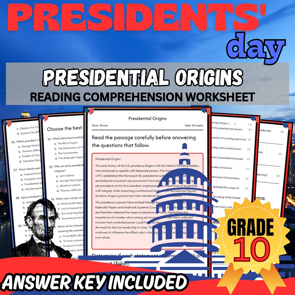 Grade 10 Presidents' Day Unit Bundle|Leadership & Founding Principles Worksheets — included worksheet 2