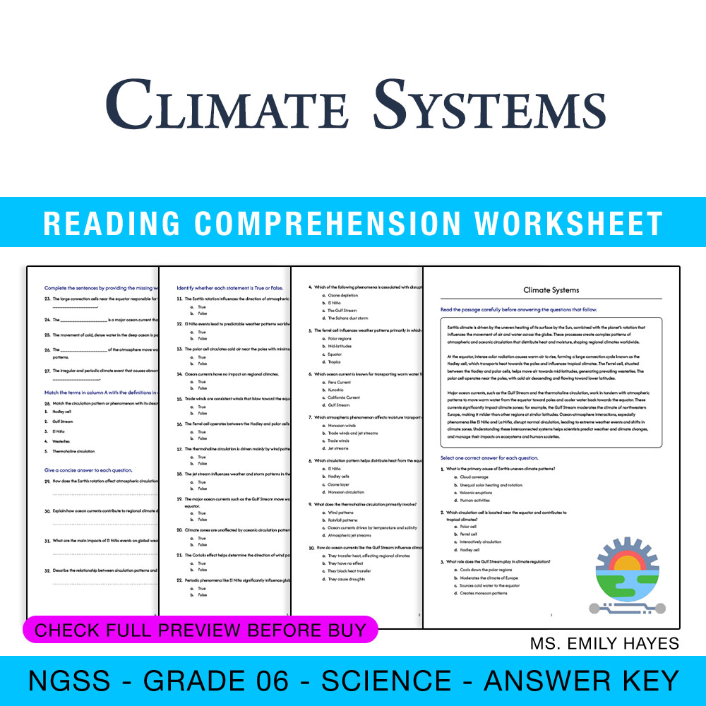 Grade 6 Science worksheet worksheet — 6th Grade Science | Climate Systems Worksheet + Answer Key – NGSS Standards — page 1