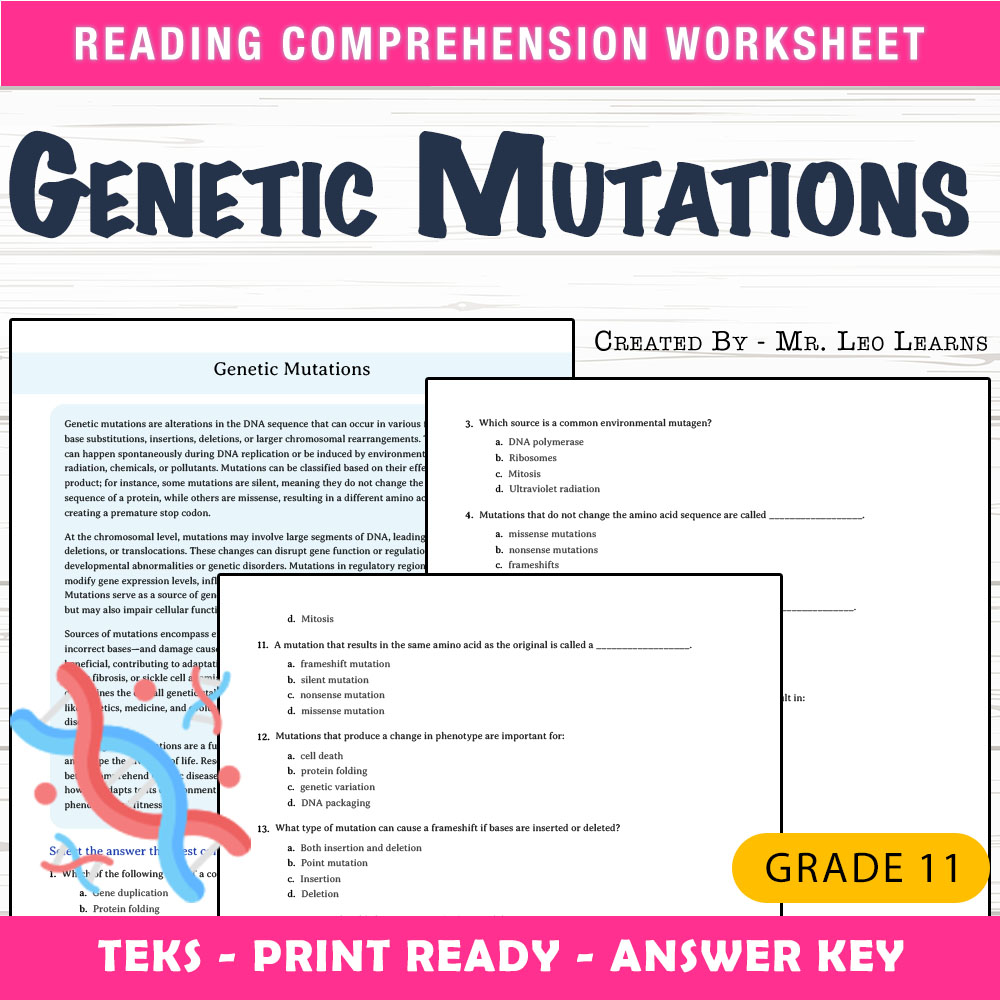 Grade 11 Science worksheet worksheet — Grade 11 Science – Genetic Mutations Worksheet for Mastery — page 1