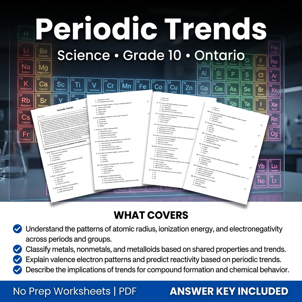 Periodic Trends Worksheet for Grade 10 Science | Ontario Standard