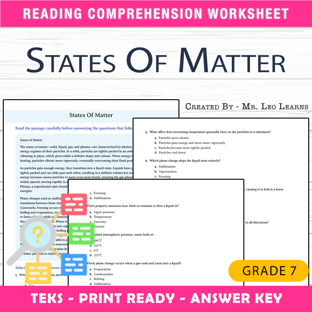 Grade 7 Science worksheet worksheet — Grade 7 Science — States Of Matter Worksheet for Mastery — page 1