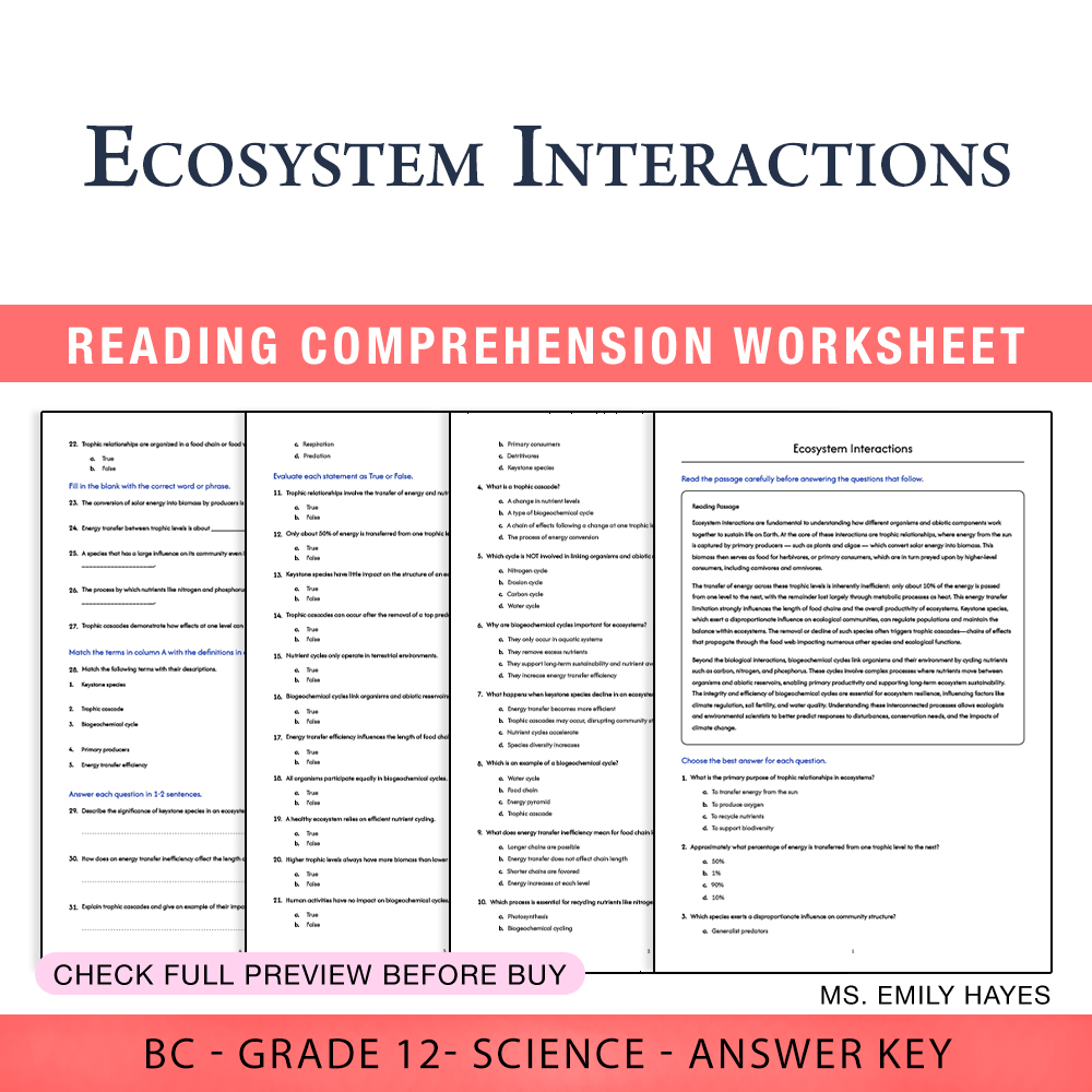 Grade 12 Science worksheet worksheet — Grade 12 Science | Ecosystem Interactions Worksheet (PDF + Answer Key) — page 1