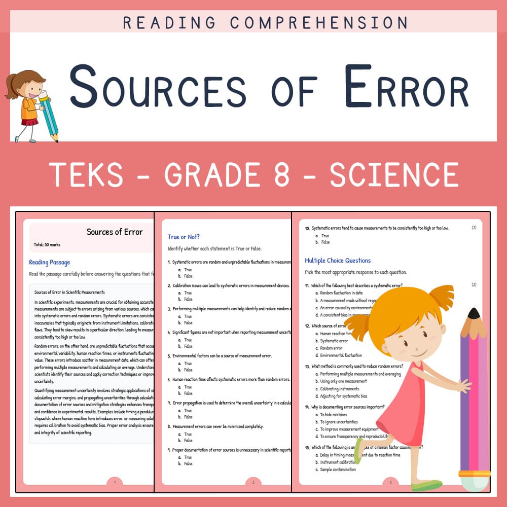 Grade 8 Science worksheet elena worksheet — Grade 8 Science | Sources of Error Worksheet | TEKS-Aligned — page 1