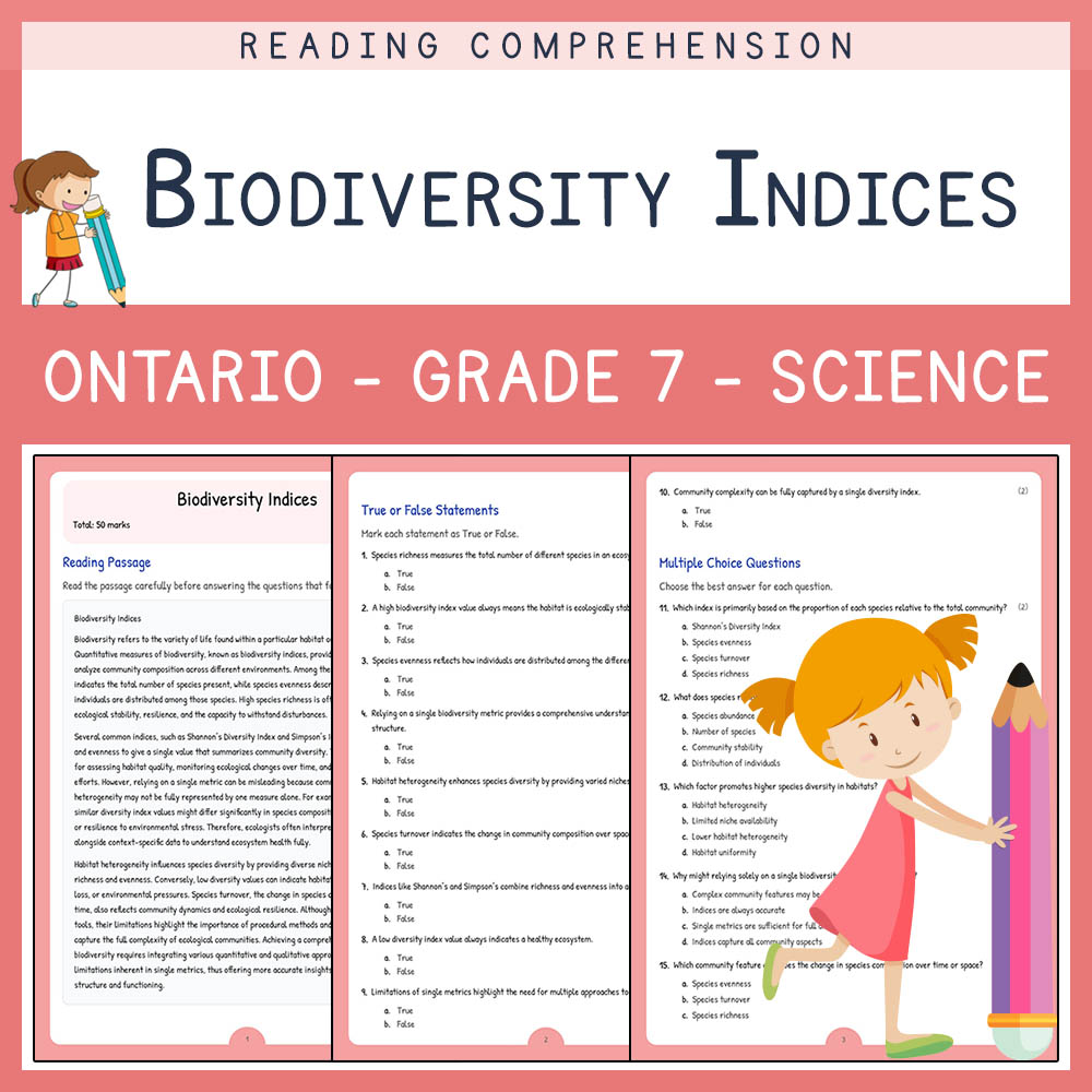 Grade 7 Science worksheet worksheet — Grade 7 Science | Biodiversity Indices Worksheet (Answer Key) – Ontario Standard — p…