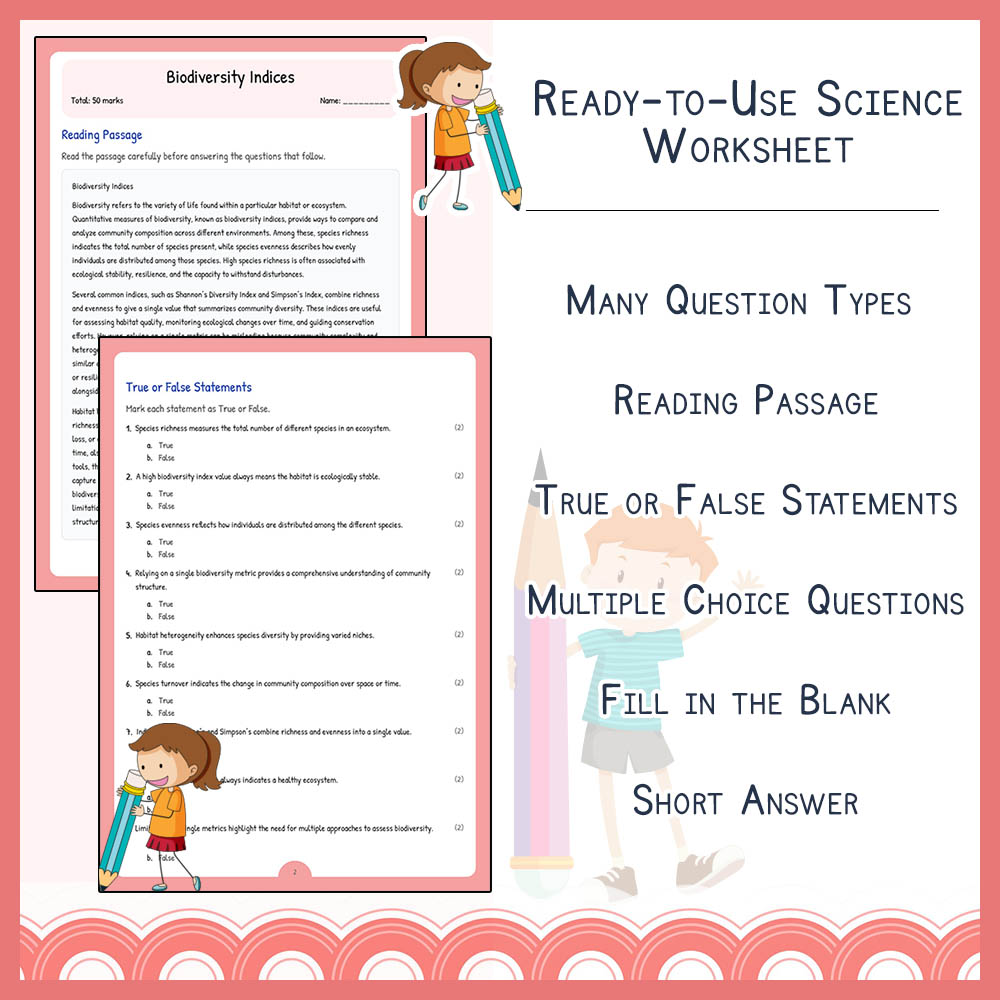 Grade 7 Science worksheet worksheet — Grade 7 Science | Biodiversity Indices Worksheet (Answer Key) – Ontario Standard — p…