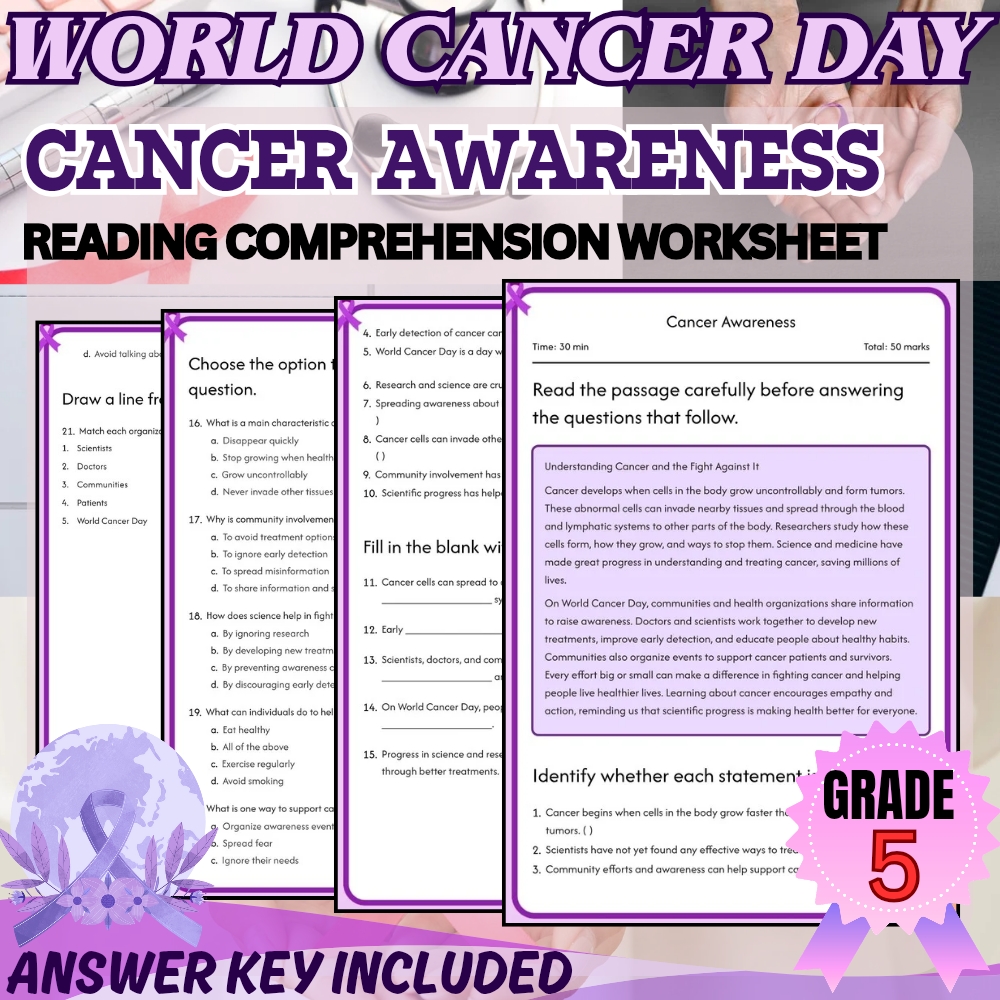 Grade 5 Holiday | World cancer day for Mastering Cancer Awareness|PDF+Answer Key