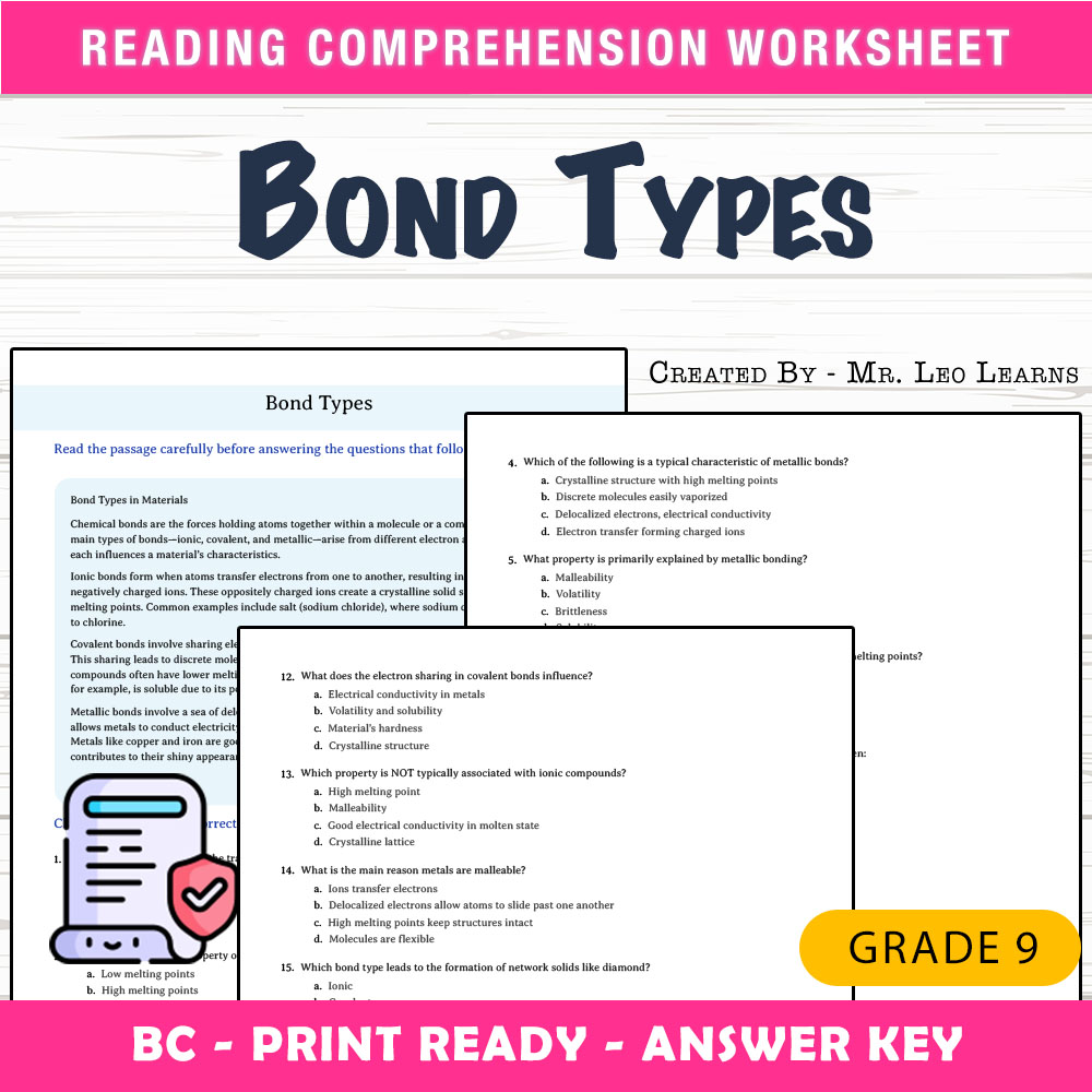 Grade 9 Science worksheet mcq paper worksheet — Grade 9 Science — Worksheet MCQ Paper for Mastering Bond Types — page 1