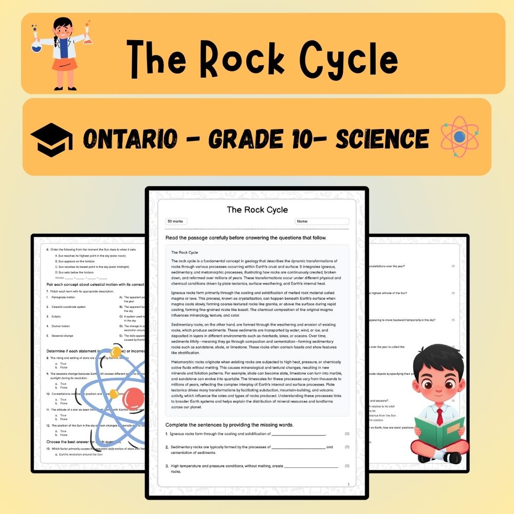 Grade 10 Science worksheet worksheet — Grade 10 Science | The Rock Cycle Worksheet (PDF) – Ontario Standards — page 1