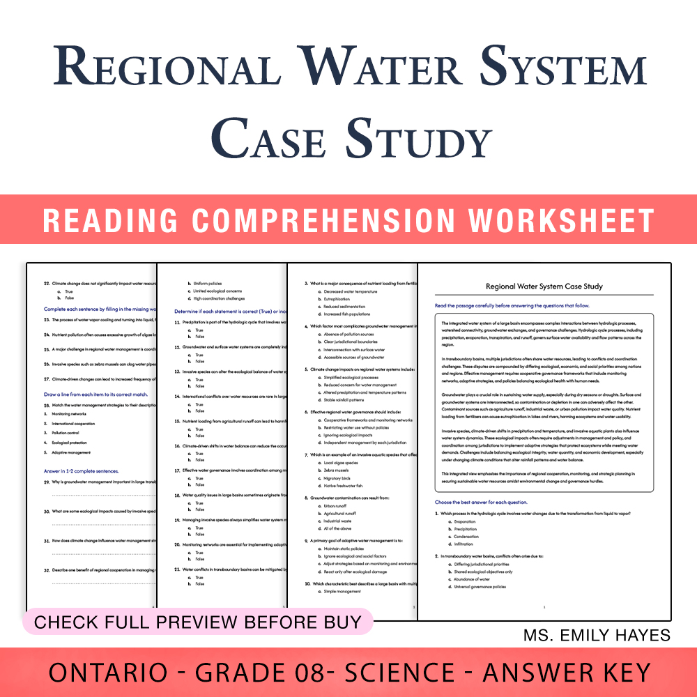 Grade 8 Science worksheet worksheet — Grade 8 Science | Regional Water System Case Study Worksheet (PDF+ Answer Key) — page 1