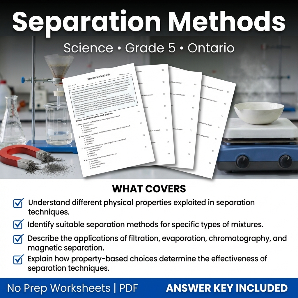 Grade 5 Science Worksheet on Separation Methods | Ontario Standards